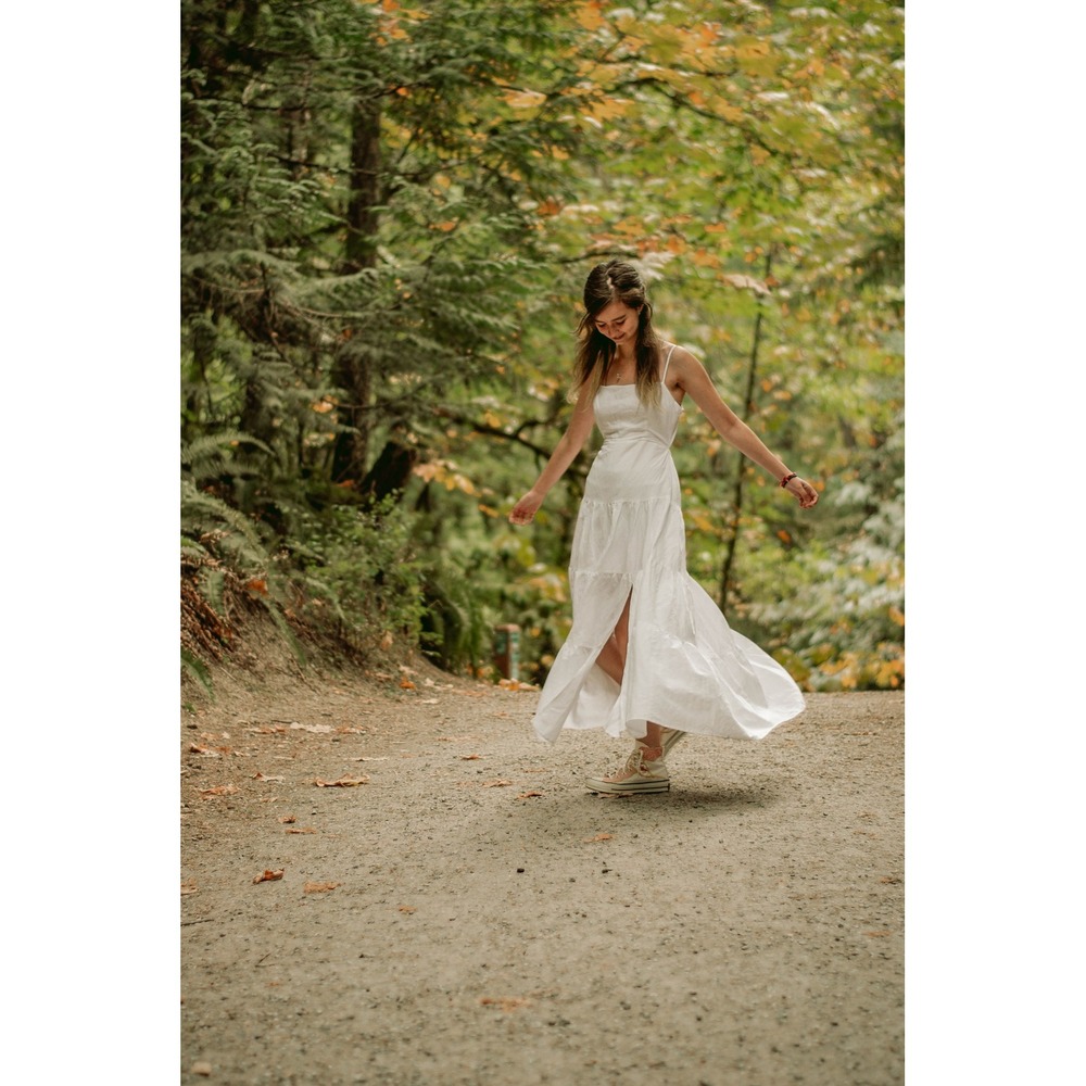 ASTR the Label White Linen Blend Tiered‎ Maxi Dress Side Slit Cottagecore S